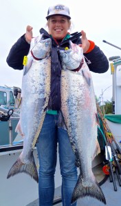 Arcata resident Jenna Kennedy landed a nice pair of kings on Sunday while fishing out of Eureka aboard the Shellback with Capt. Tony Sepulveda. The salmon bite is heating up and the ocean should be plenty fishable for the Memorial holiday weekend. Photo courtesy of Green Water Fishing Adventures