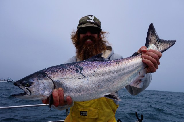 Batista Bregante from Santa Cruz smiles over a nice king caught on Wednesday out of Eureka with Green Water Fishing Adventures aboard Shellback. The salmon bite has really turned on the past few days, with most of the boats coming back to port with limits. Photo courtesy of Green Water Fishing Adventures